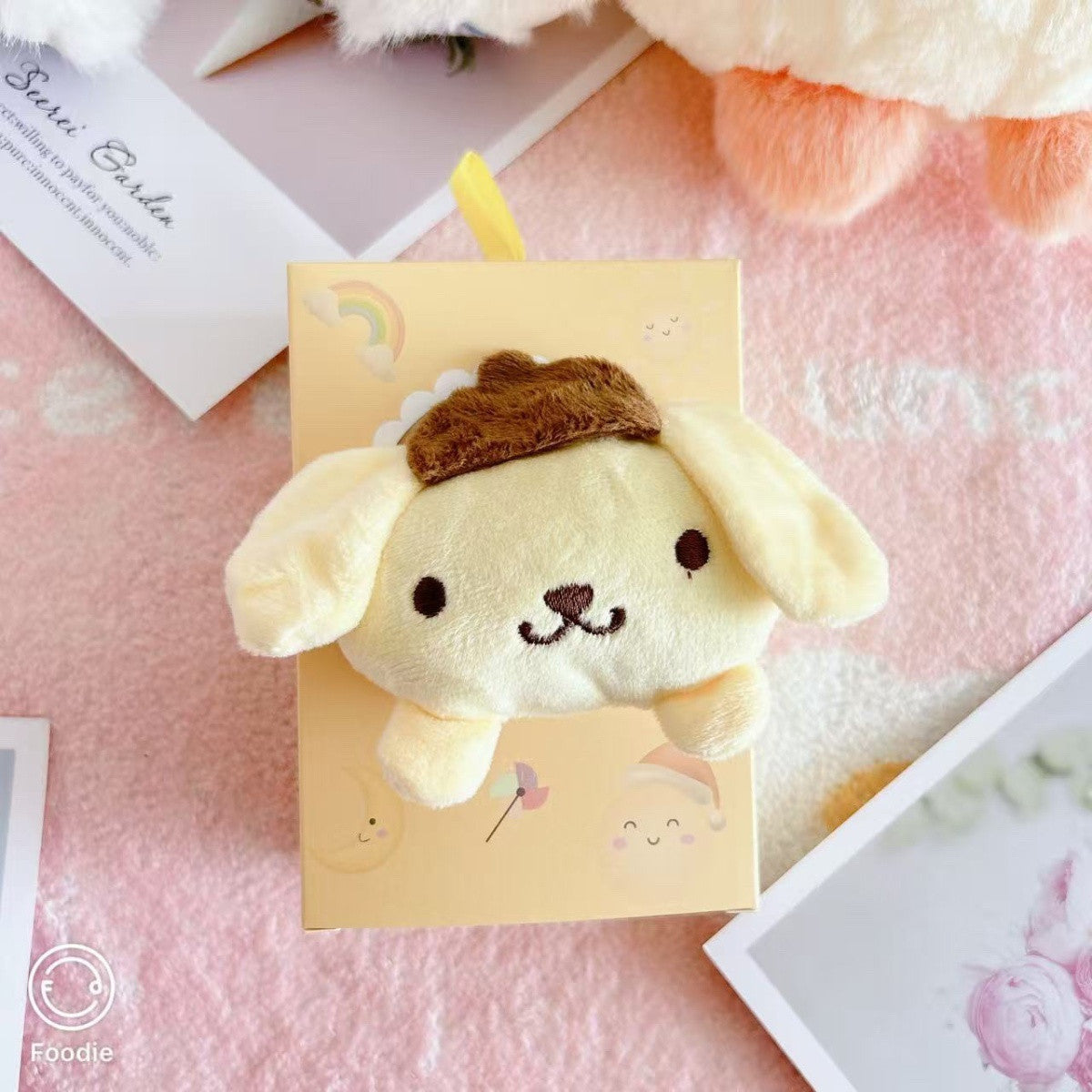 Pompompurin 3D plush cartoon face coral fleece hand towel in pastel yellow gift box packaging
