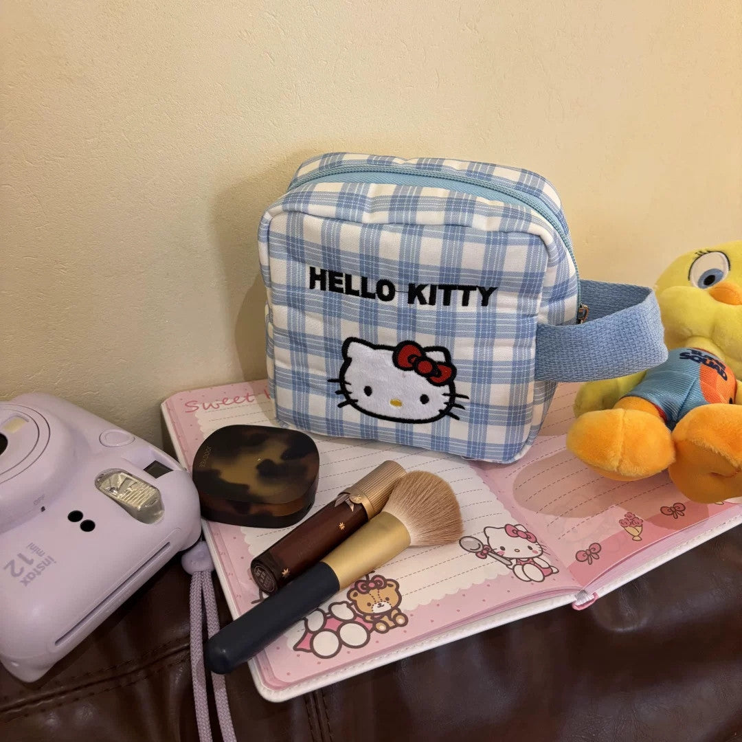 Kawaii Hello Kitty Blue Plaid Cosmetic Bag, Large Square Makeup & Instax Pouch
