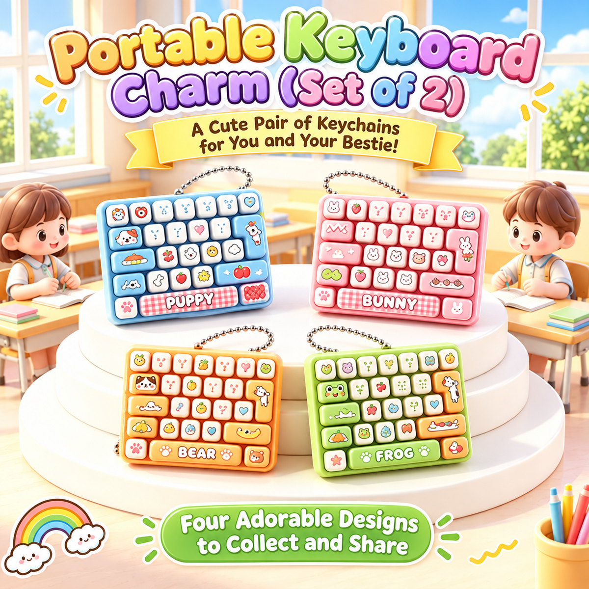 Animal Diary 26-Key Fidget Keyboard Keychain – Cute Stress Relief Toy, Bag Charm & Gift for Kids