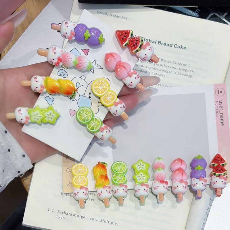 Kawaii Fruit Cat Candied Skewer Hair Clip - Cute Tanghulu Barrette