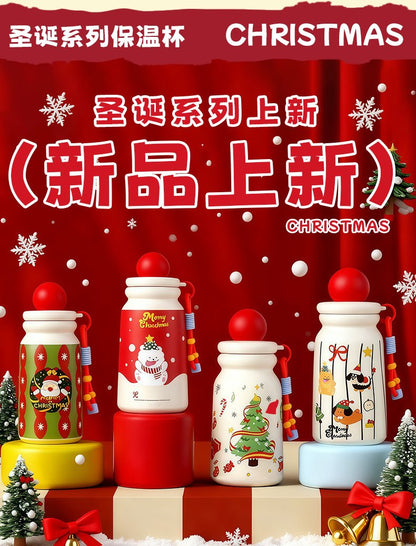 Cute Christmas Apple Insulated Water Bottle with Straw, Kawaii 316 Stainless Steel Portable Thermal Tumbler for Girls