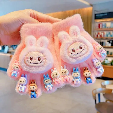 Labubu Fleece-Lined Winter Gloves - Cozy 5-Finger Mittens