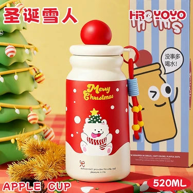 Cute Christmas Apple Insulated Water Bottle with Straw, Kawaii 316 Stainless Steel Portable Thermal Tumbler for Girls