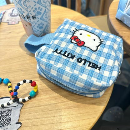 Kawaii Hello Kitty Blue Plaid Cosmetic Bag, Large Square Makeup & Instax Pouch