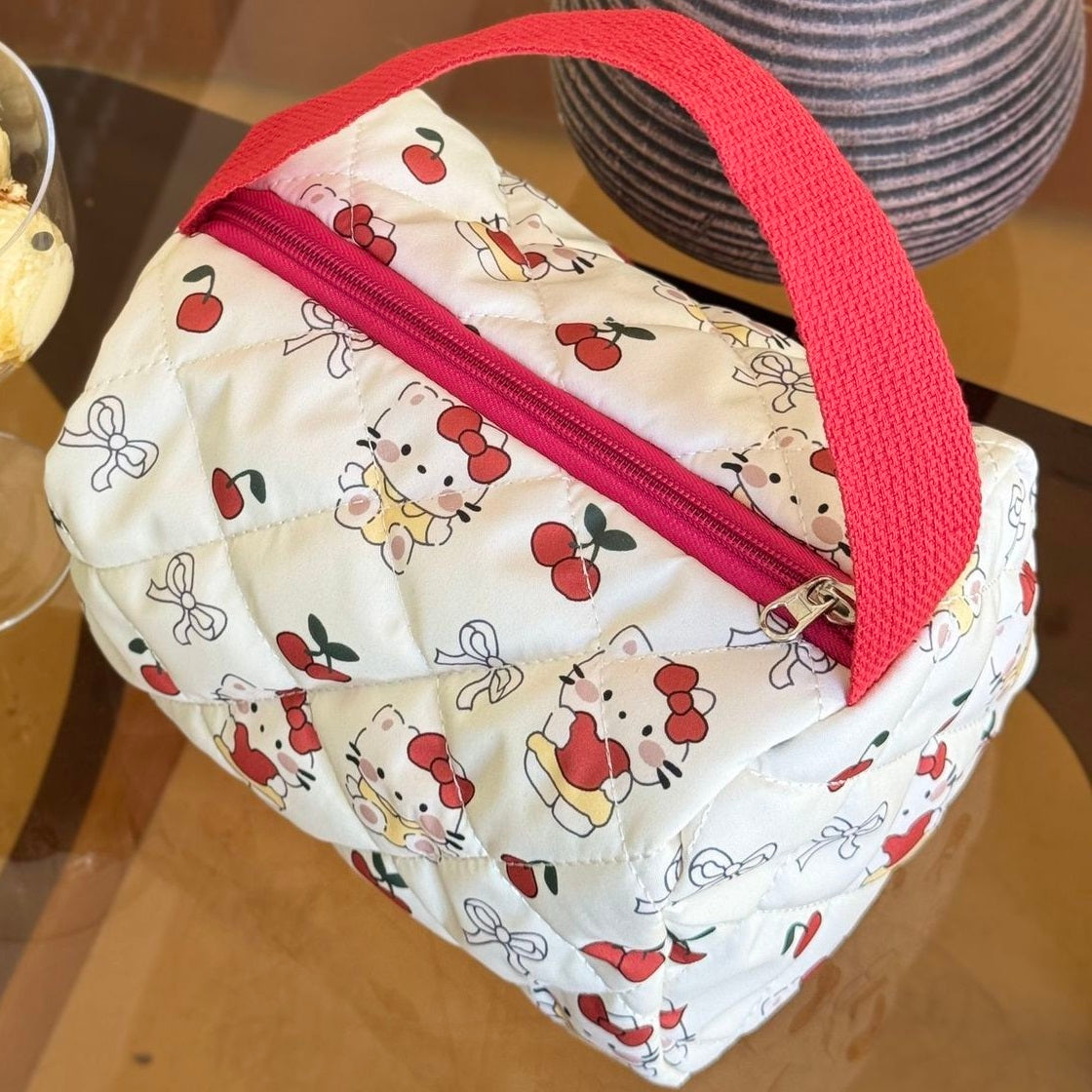 Kawaii Hello Kitty Red Cherry Quilted Cosmetic Bag, Large Waterproof Travel Toiletry Pouch