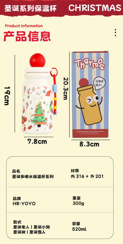 Cute Christmas Apple Insulated Water Bottle with Straw, Kawaii 316 Stainless Steel Portable Thermal Tumbler for Girls