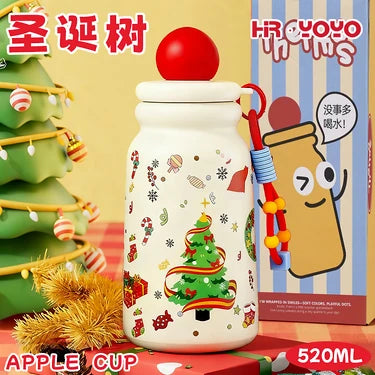 Cute Christmas Apple Insulated Water Bottle with Straw, Kawaii 316 Stainless Steel Portable Thermal Tumbler for Girls