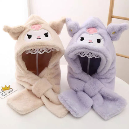 Sanrio Kuromi Kids 2-in-1 Plush Hooded Scarf with Ear Flaps, Cute Fleece-Lined Winter Warm Hat & Neck Warmer