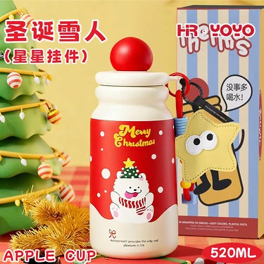 Cute Christmas Apple Insulated Water Bottle with Straw, Kawaii 316 Stainless Steel Portable Thermal Tumbler for Girls