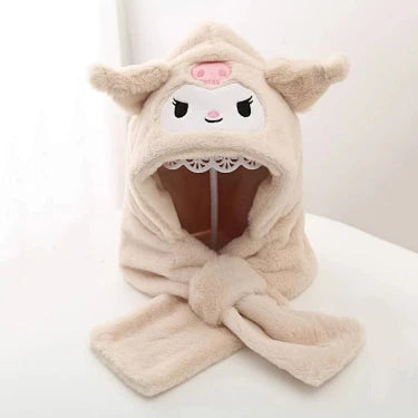 Sanrio Kuromi Kids 2-in-1 Plush Hooded Scarf with Ear Flaps, Cute Fleece-Lined Winter Warm Hat & Neck Warmer