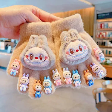 Labubu Fleece-Lined Winter Gloves - Cozy 5-Finger Mittens