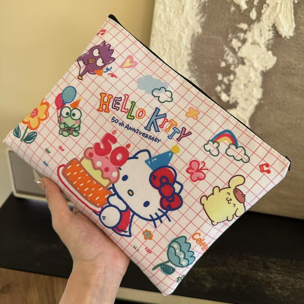 Kawaii Hello Kitty Cake Plaid Cosmetic Bag, Large Travel Makeup Clutch Pouch