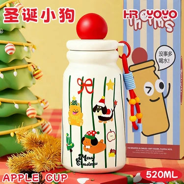 Cute Christmas Apple Insulated Water Bottle with Straw, Kawaii 316 Stainless Steel Portable Thermal Tumbler for Girls