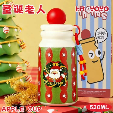 Cute Christmas Apple Insulated Water Bottle with Straw, Kawaii 316 Stainless Steel Portable Thermal Tumbler for Girls