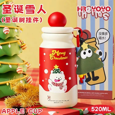 Cute Christmas Apple Insulated Water Bottle with Straw, Kawaii 316 Stainless Steel Portable Thermal Tumbler for Girls