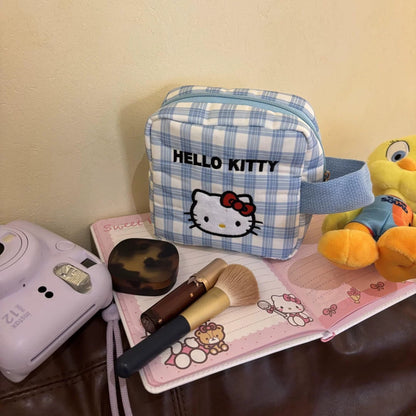 Kawaii Hello Kitty Blue Plaid Cosmetic Bag, Large Square Makeup & Instax Pouch