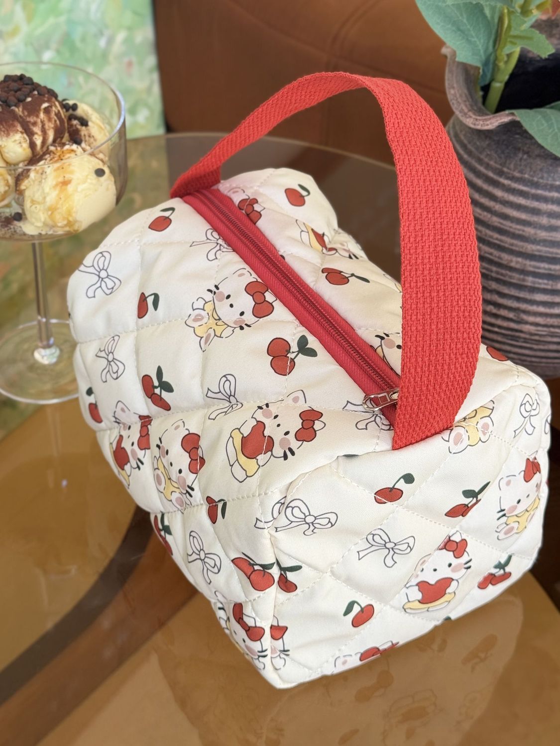 Kawaii Hello Kitty Red Cherry Quilted Cosmetic Bag, Large Waterproof Travel Toiletry Pouch