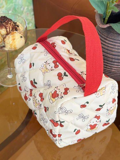 Kawaii Hello Kitty Red Cherry Quilted Cosmetic Bag, Large Waterproof Travel Toiletry Pouch
