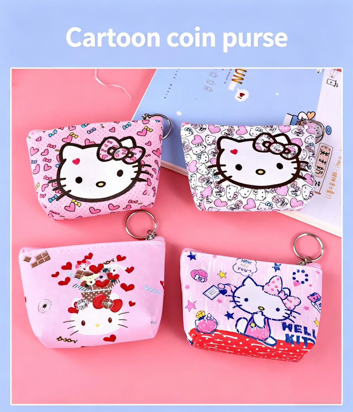 Kawaii Hello Kitty Mini Coin Purse, Cute Aesthetic Pocket Wallet with Keychain for Girls