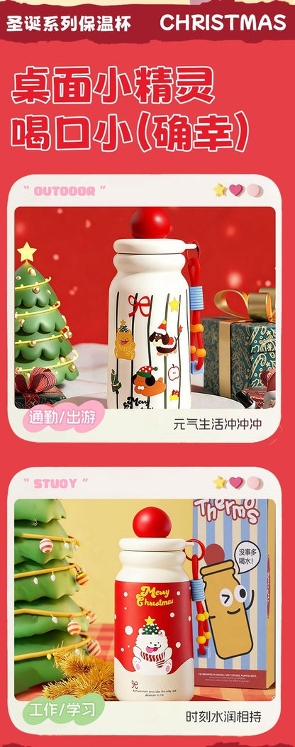 Cute Christmas Apple Insulated Water Bottle with Straw, Kawaii 316 Stainless Steel Portable Thermal Tumbler for Girls