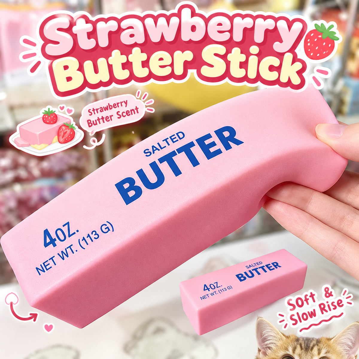 Strawberry Butter Stick Squishy Toy – Cute Kawaii Slow Rising Sensory Fidget Toy for Stress Relief