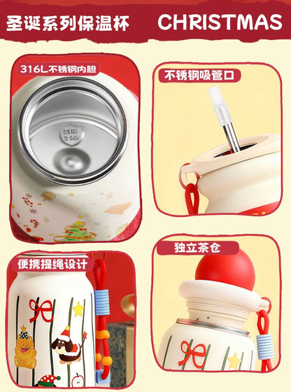 Cute Christmas Apple Insulated Water Bottle with Straw, Kawaii 316 Stainless Steel Portable Thermal Tumbler for Girls