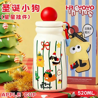 Cute Christmas Apple Insulated Water Bottle with Straw, Kawaii 316 Stainless Steel Portable Thermal Tumbler for Girls