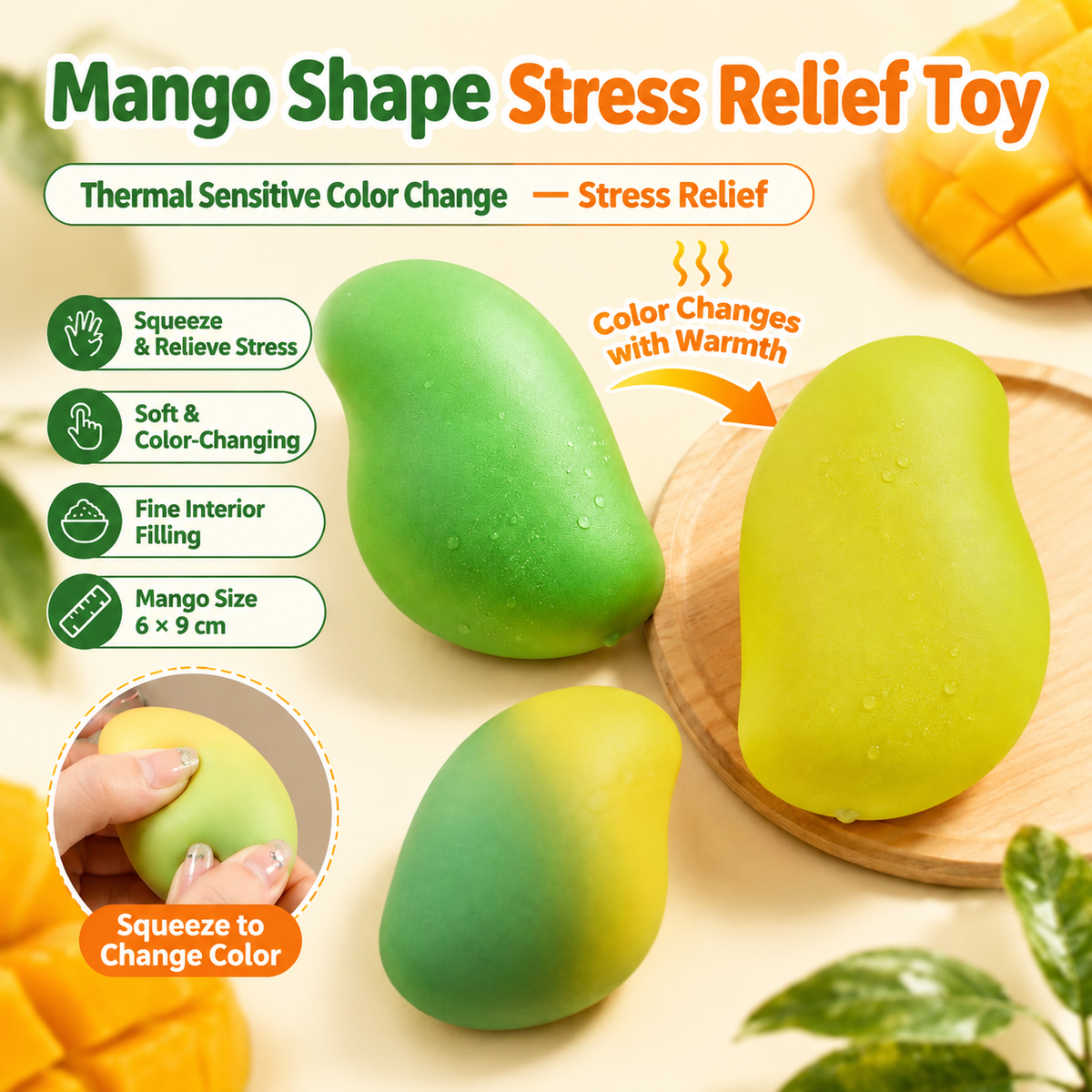 Color Changing Mango Squishy Toy | Kawaii Fruit Gift