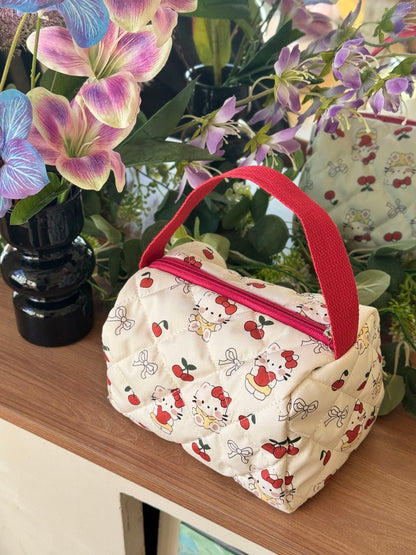 Kawaii Hello Kitty Red Cherry Quilted Cosmetic Bag, Large Waterproof Travel Toiletry Pouch