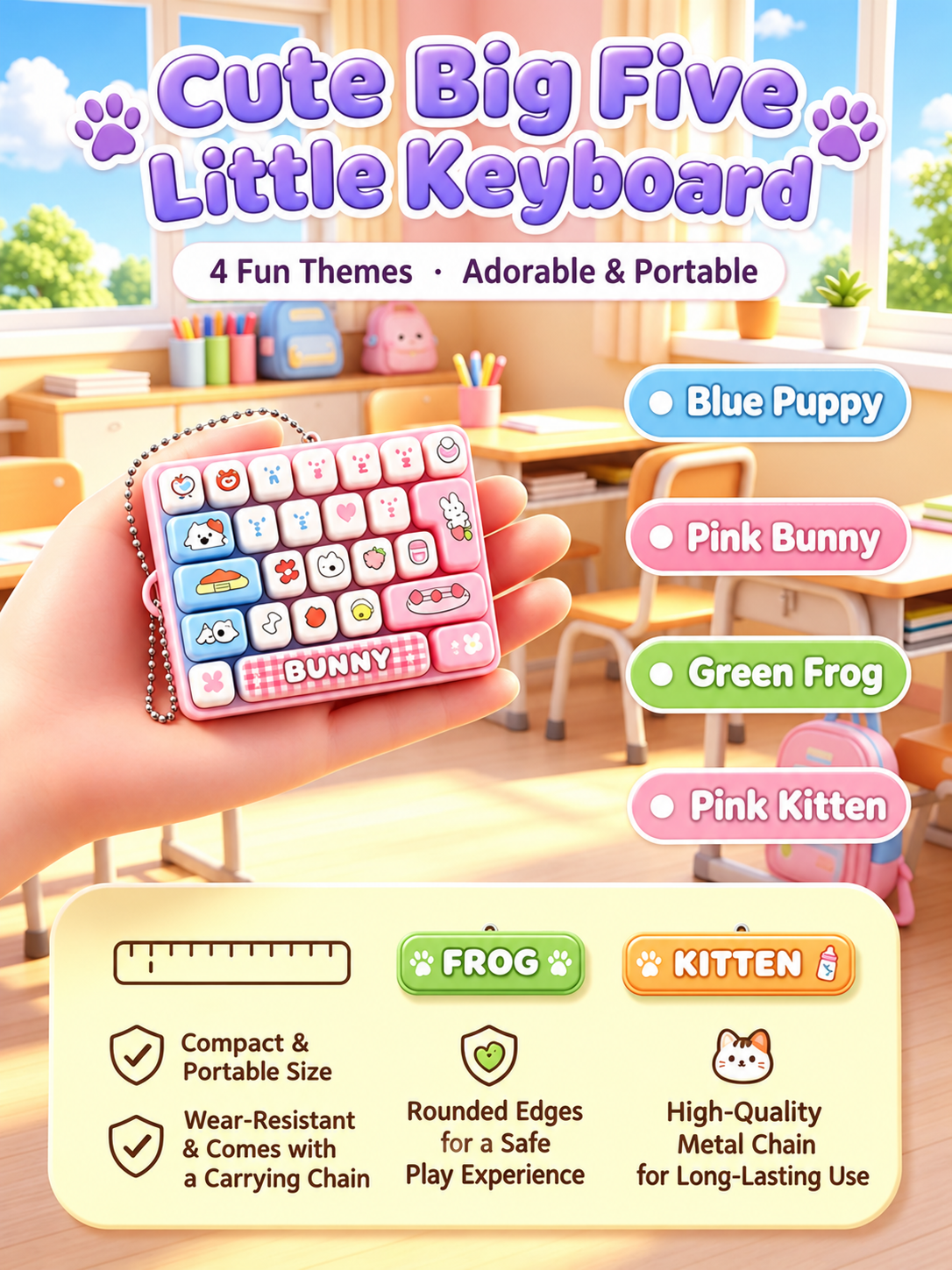 Animal Diary 26-Key Fidget Keyboard Keychain – Cute Stress Relief Toy, Bag Charm & Gift for Kids