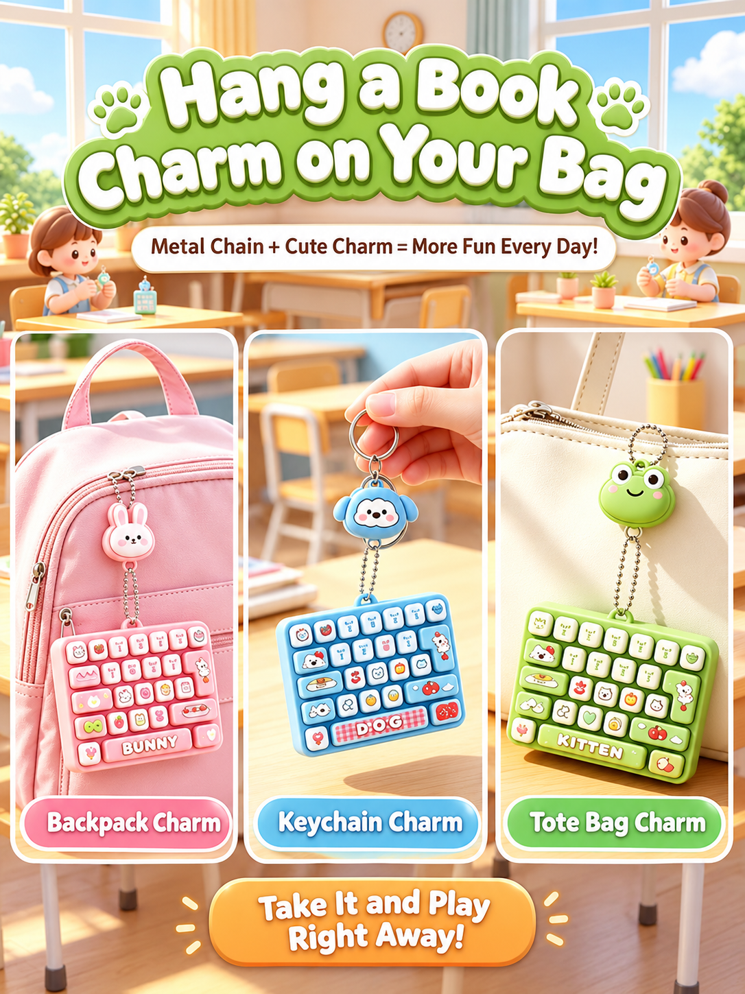 Animal Diary 26-Key Fidget Keyboard Keychain – Cute Stress Relief Toy, Bag Charm & Gift for Kids
