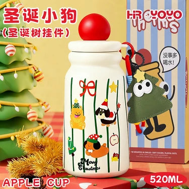Cute Christmas Apple Insulated Water Bottle with Straw, Kawaii 316 Stainless Steel Portable Thermal Tumbler for Girls
