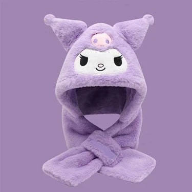 Sanrio Kuromi Kids 2-in-1 Plush Hooded Scarf with Ear Flaps, Cute Fleece-Lined Winter Warm Hat & Neck Warmer