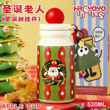 Cute Christmas Apple Insulated Water Bottle with Straw, Kawaii 316 Stainless Steel Portable Thermal Tumbler for Girls