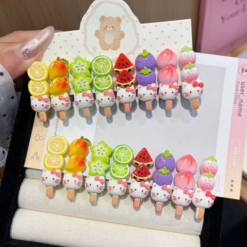 Kawaii Fruit Cat Candied Skewer Hair Clip - Cute Tanghulu Barrette