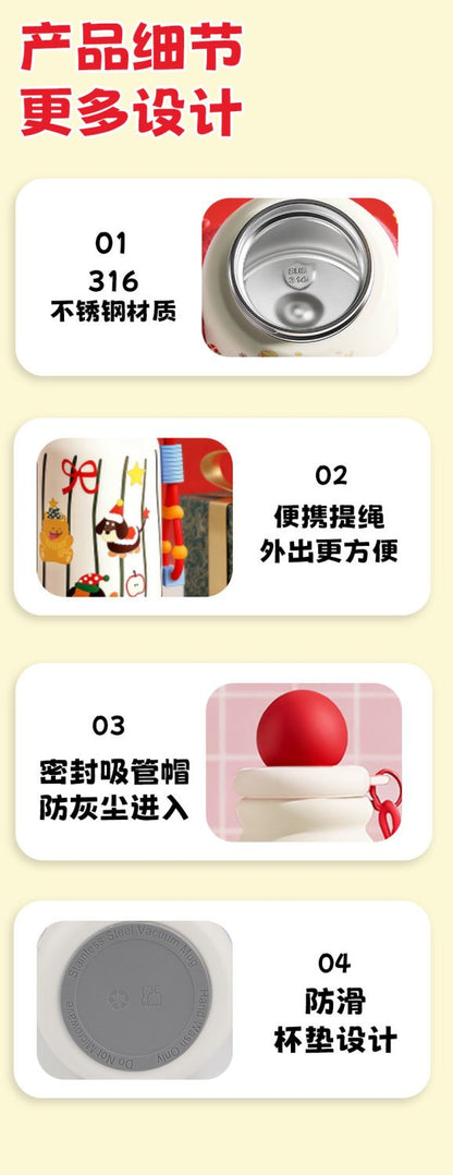 Cute Christmas Apple Insulated Water Bottle with Straw, Kawaii 316 Stainless Steel Portable Thermal Tumbler for Girls