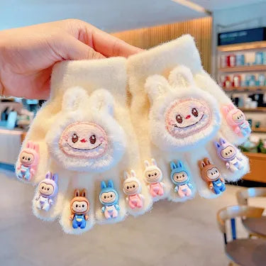 Labubu Fleece-Lined Winter Gloves - Cozy 5-Finger Mittens