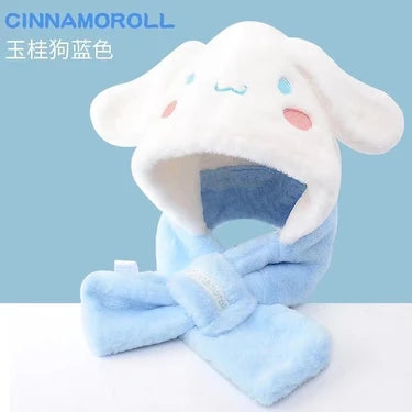Sanrio Kuromi Kids 2-in-1 Plush Hooded Scarf with Ear Flaps, Cute Fleece-Lined Winter Warm Hat & Neck Warmer