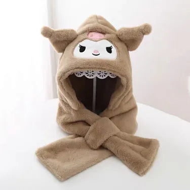 Sanrio Kuromi Kids 2-in-1 Plush Hooded Scarf with Ear Flaps, Cute Fleece-Lined Winter Warm Hat & Neck Warmer