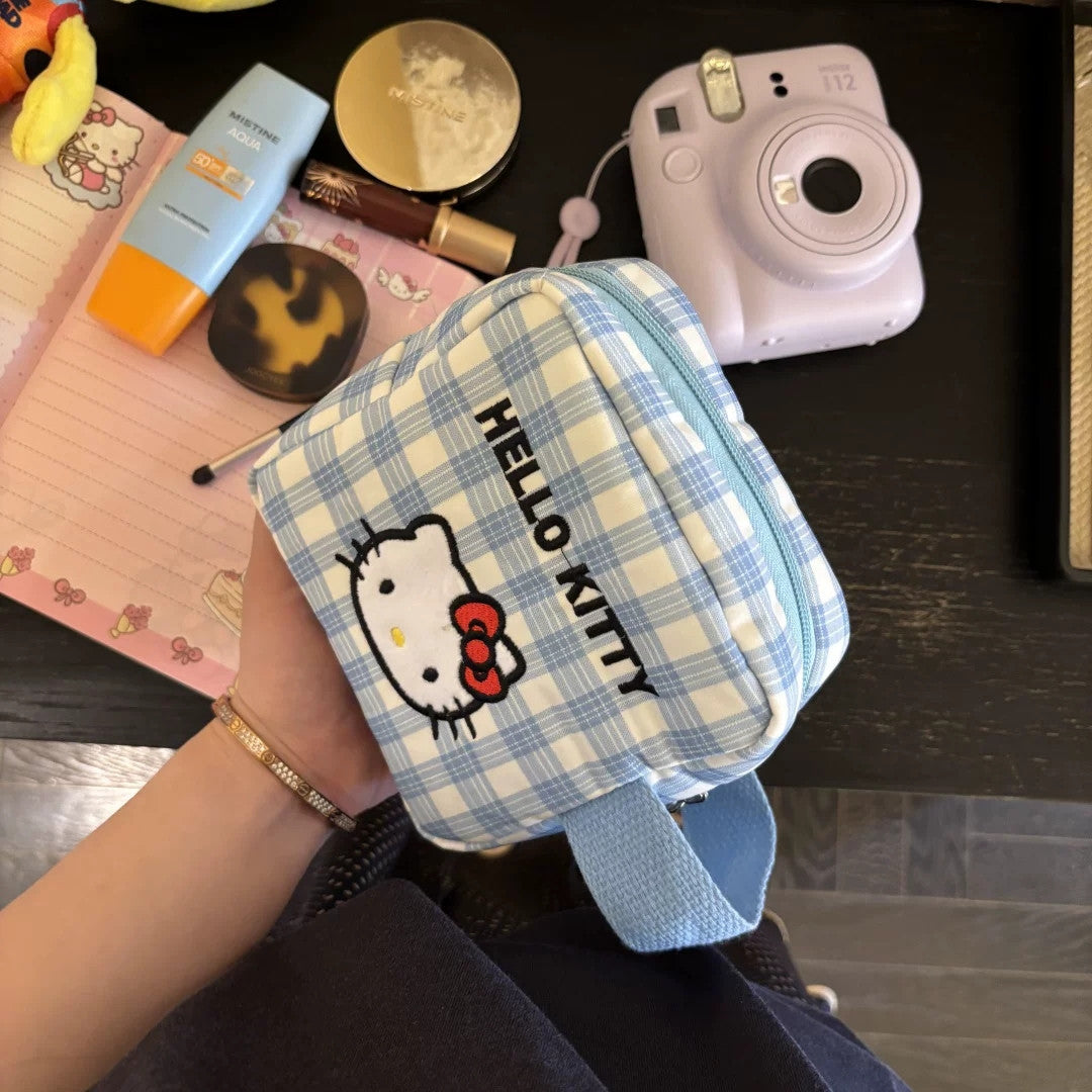 Kawaii Hello Kitty Blue Plaid Cosmetic Bag, Large Square Makeup & Instax Pouch