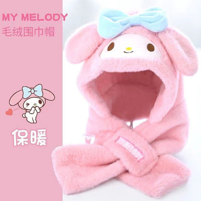Sanrio Kuromi Kids 2-in-1 Plush Hooded Scarf with Ear Flaps, Cute Fleece-Lined Winter Warm Hat & Neck Warmer