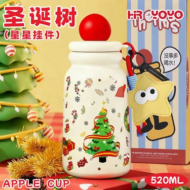 Cute Christmas Apple Insulated Water Bottle with Straw, Kawaii 316 Stainless Steel Portable Thermal Tumbler for Girls