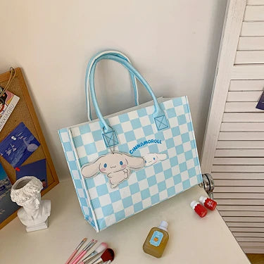 Blue Cinnamoroll felt tote bag with checkered pattern and hanging character charm
