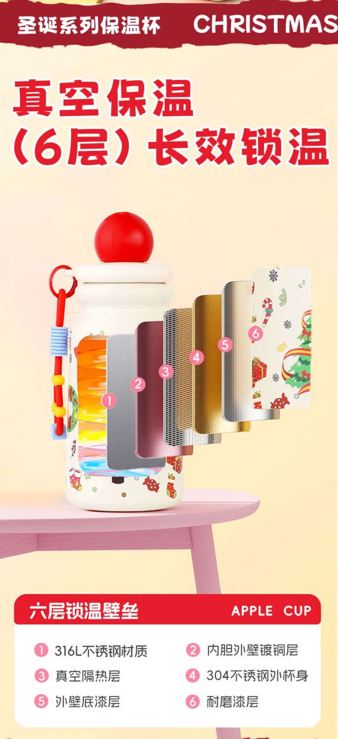 Cute Christmas Apple Insulated Water Bottle with Straw, Kawaii 316 Stainless Steel Portable Thermal Tumbler for Girls