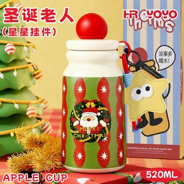 Cute Christmas Apple Insulated Water Bottle with Straw, Kawaii 316 Stainless Steel Portable Thermal Tumbler for Girls