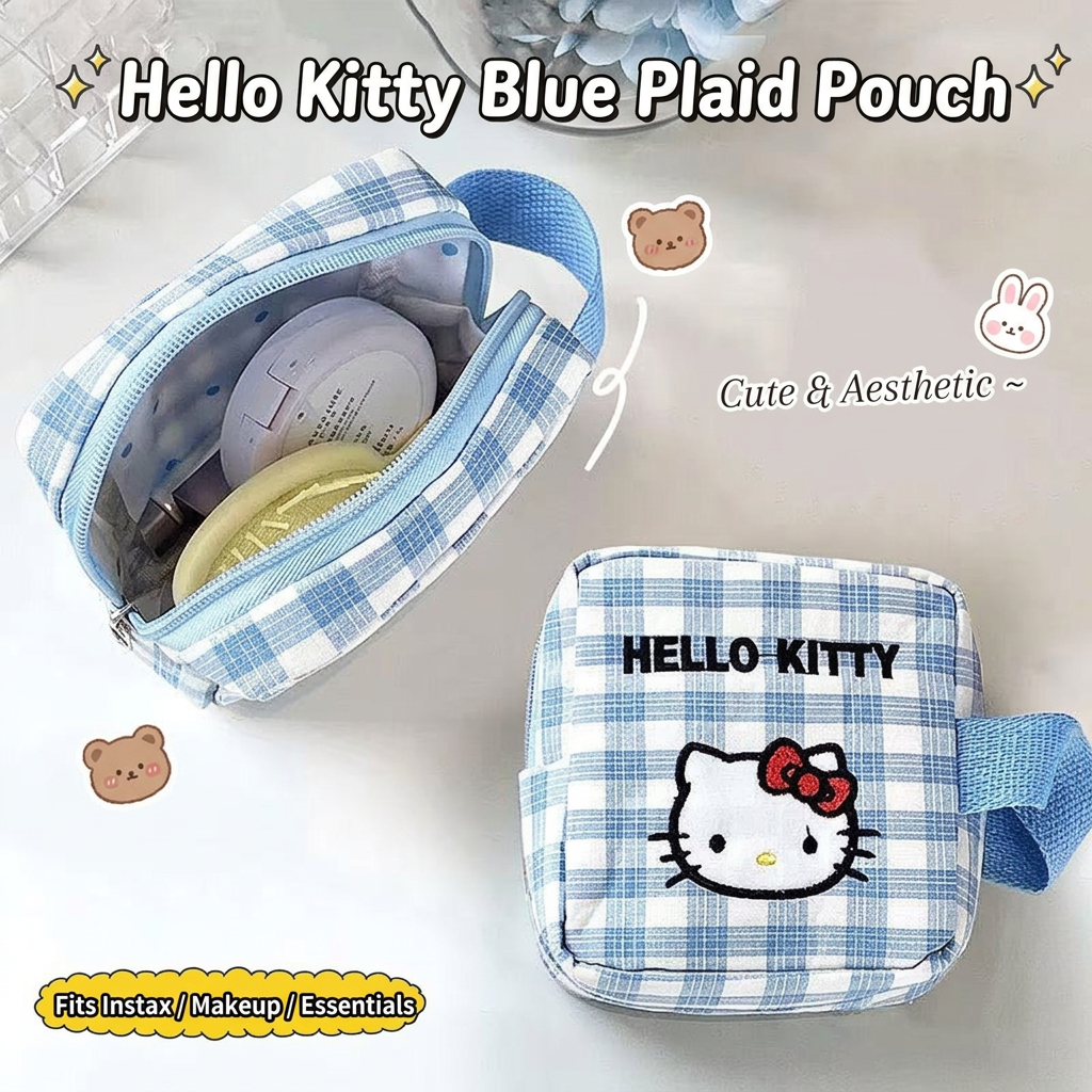 Hello Kitty Blue Plaid Pouch showing spacious interior with makeup cushion and essentials