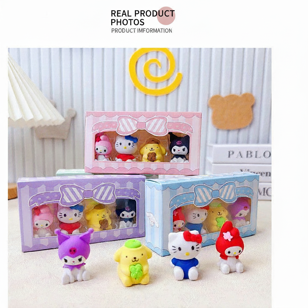 Kuromi, Hello Kitty, My Melody and Pompompurin figure erasers with three pastel gift boxes