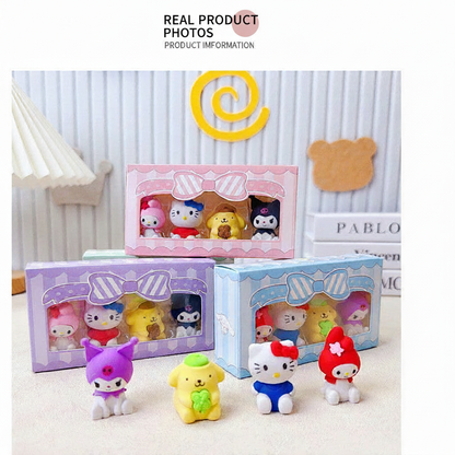Kuromi, Hello Kitty, My Melody and Pompompurin figure erasers with three pastel gift boxes