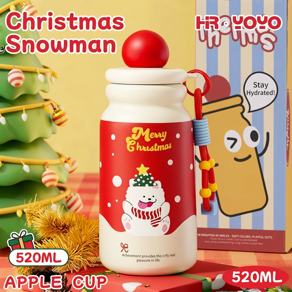 Cute Christmas Snowman Apple Insulated Water Bottle with Straw