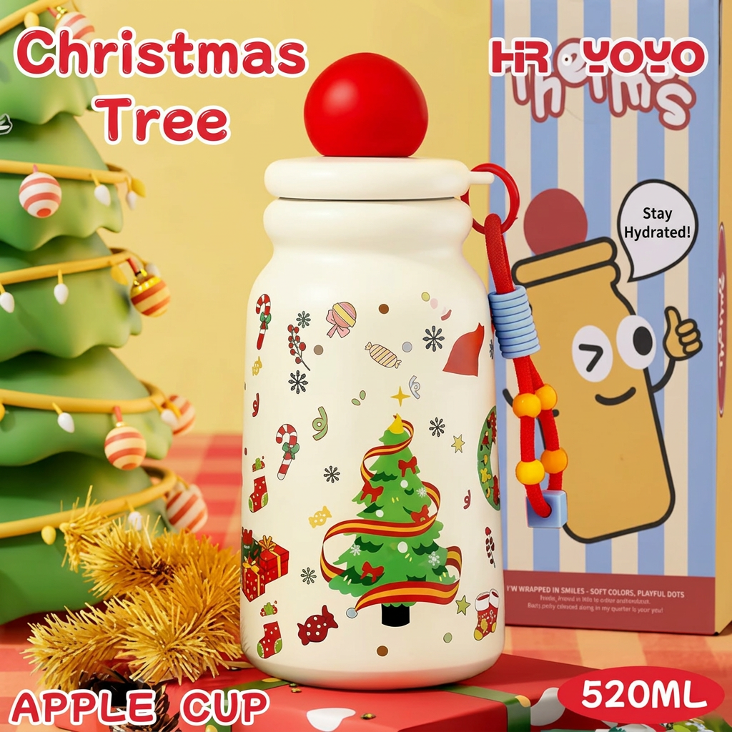 Cute Christmas Tree Apple Insulated Water Bottle with Straw